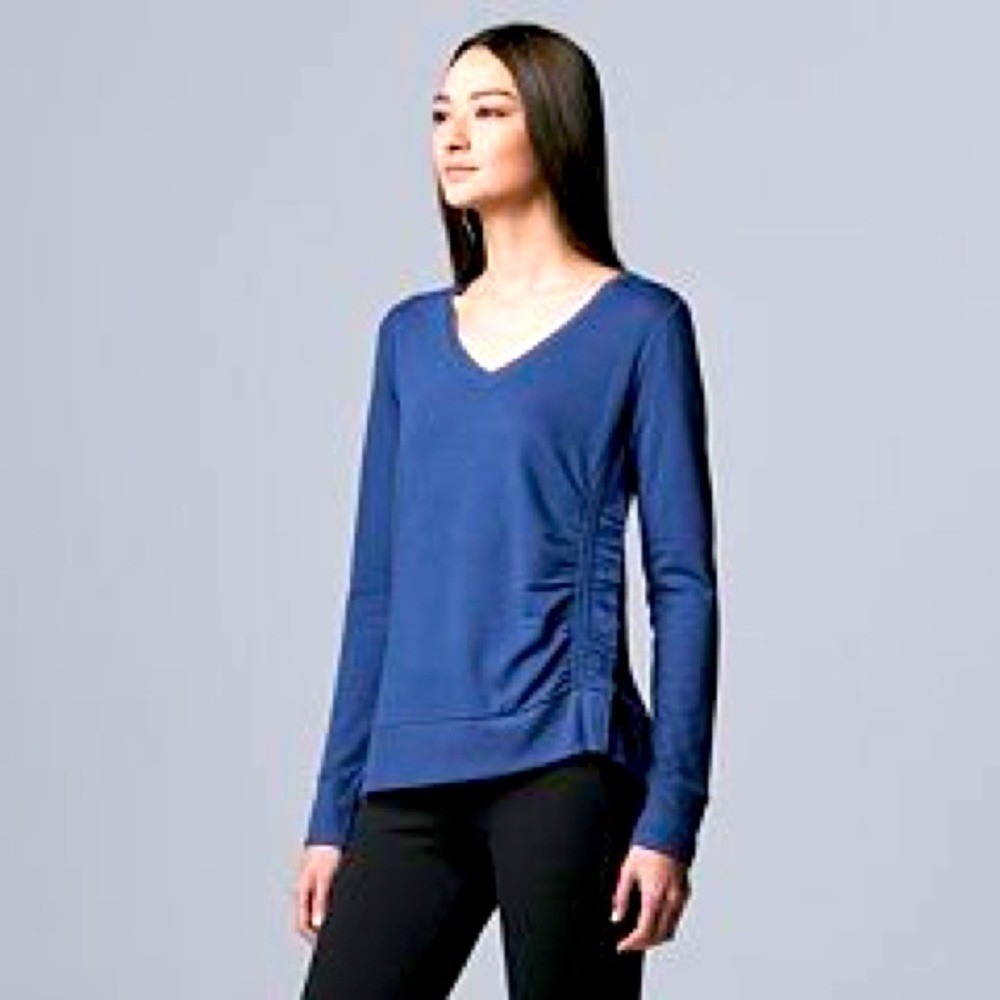 Vera Wang Vera V-Neck Top Large Blue Long Sleeve Side Ruched Ruffle Hem